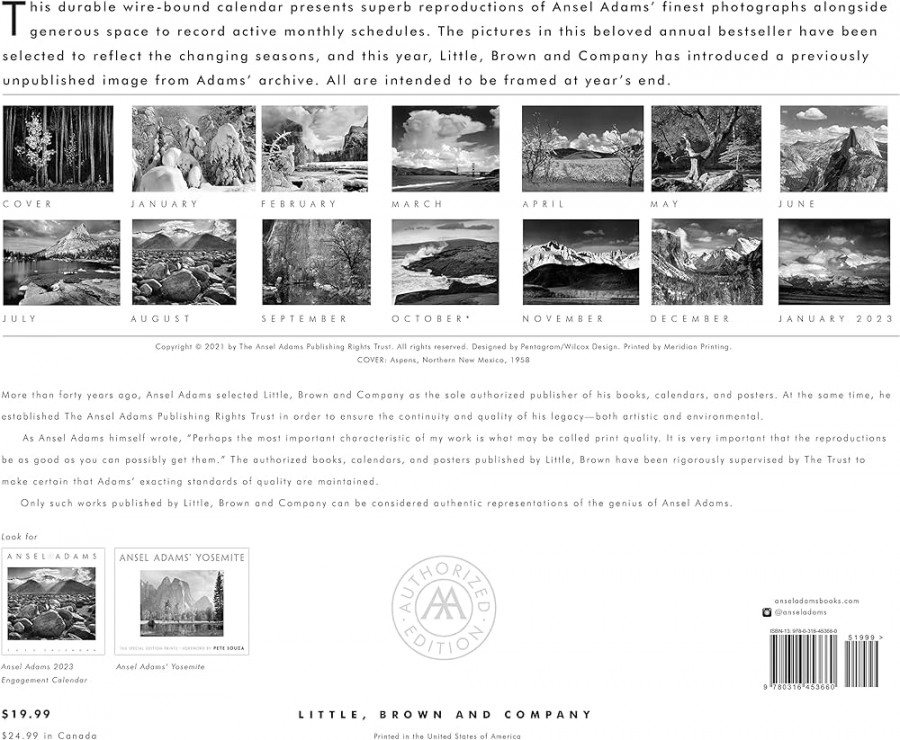 Ansel Adams  Wall Calendar: Authorized Edition: -Month Nature  Photography Collection (Monthly Calendar)