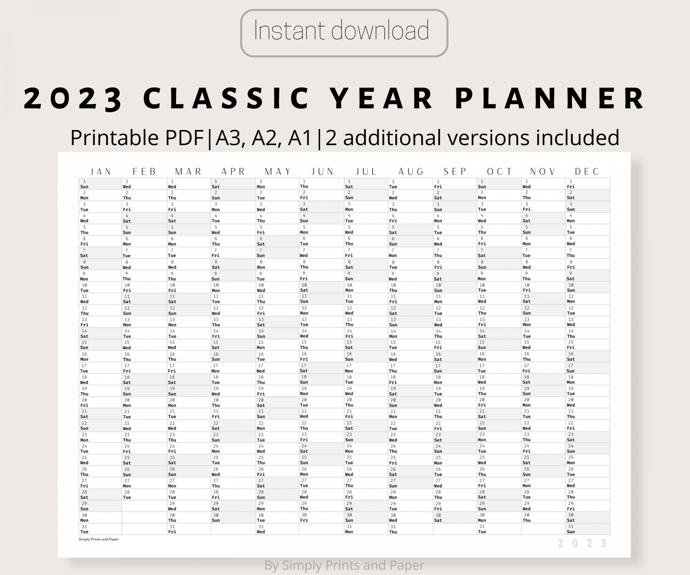 Classic Wall Calendar Printable Yearly Planner Black - Etsy