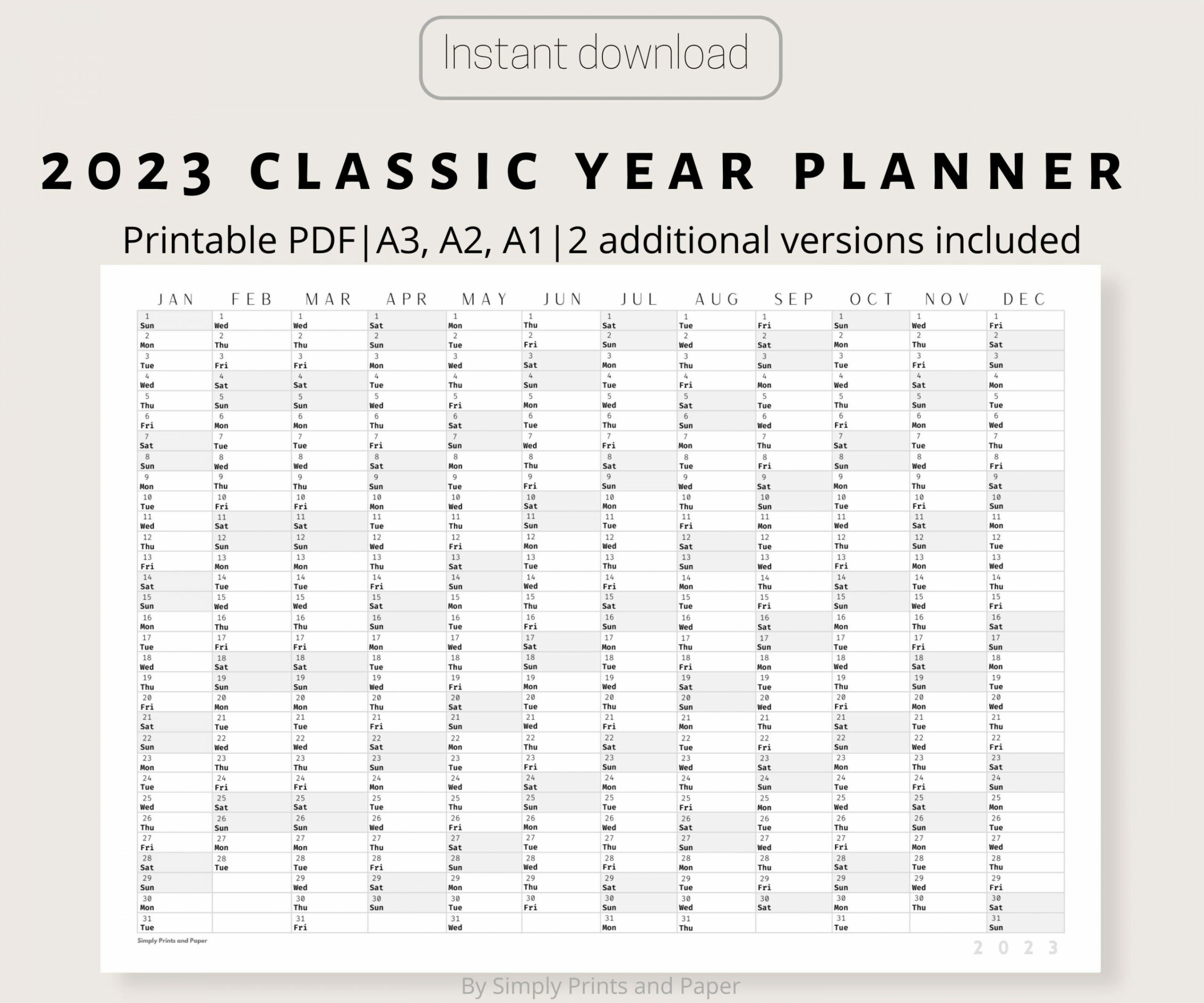 Classic Wall Calendar Printable Yearly Planner Black - Etsy