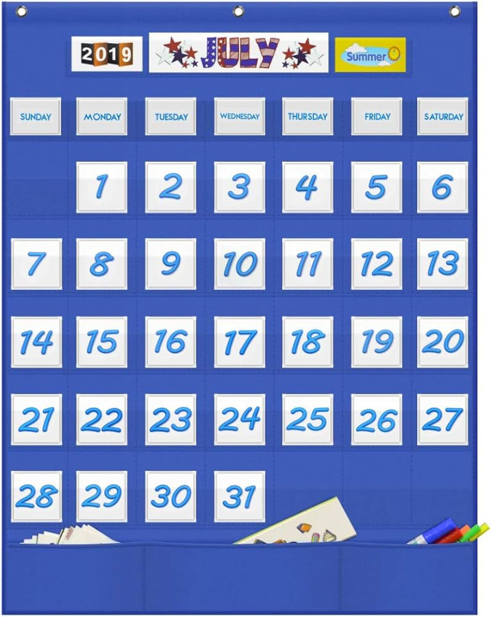 Eamay Classroom Monthly Calendar Pocket Chart with  Pocket,  Storage  Pockets for Easy Wall or Stand Chart (Blue)
