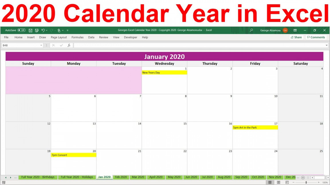 Excel Calendar Template.  Planner Spreadsheet.  Year at a  Glance