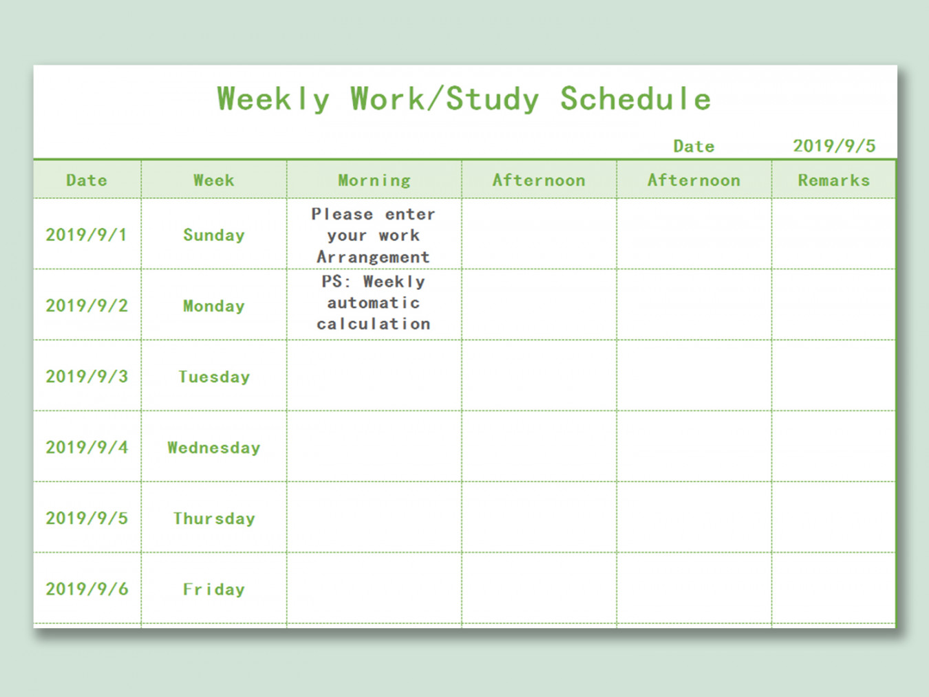 EXCEL of Weekly Study Schedule