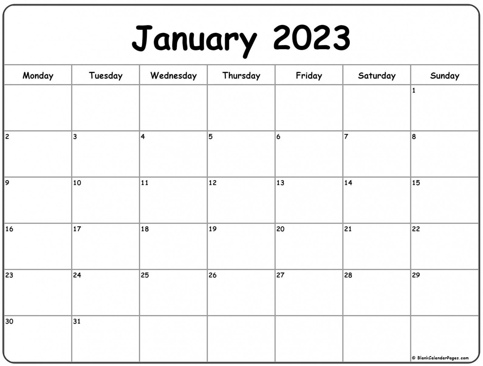 January  Monday Calendar  Monday to Sunday