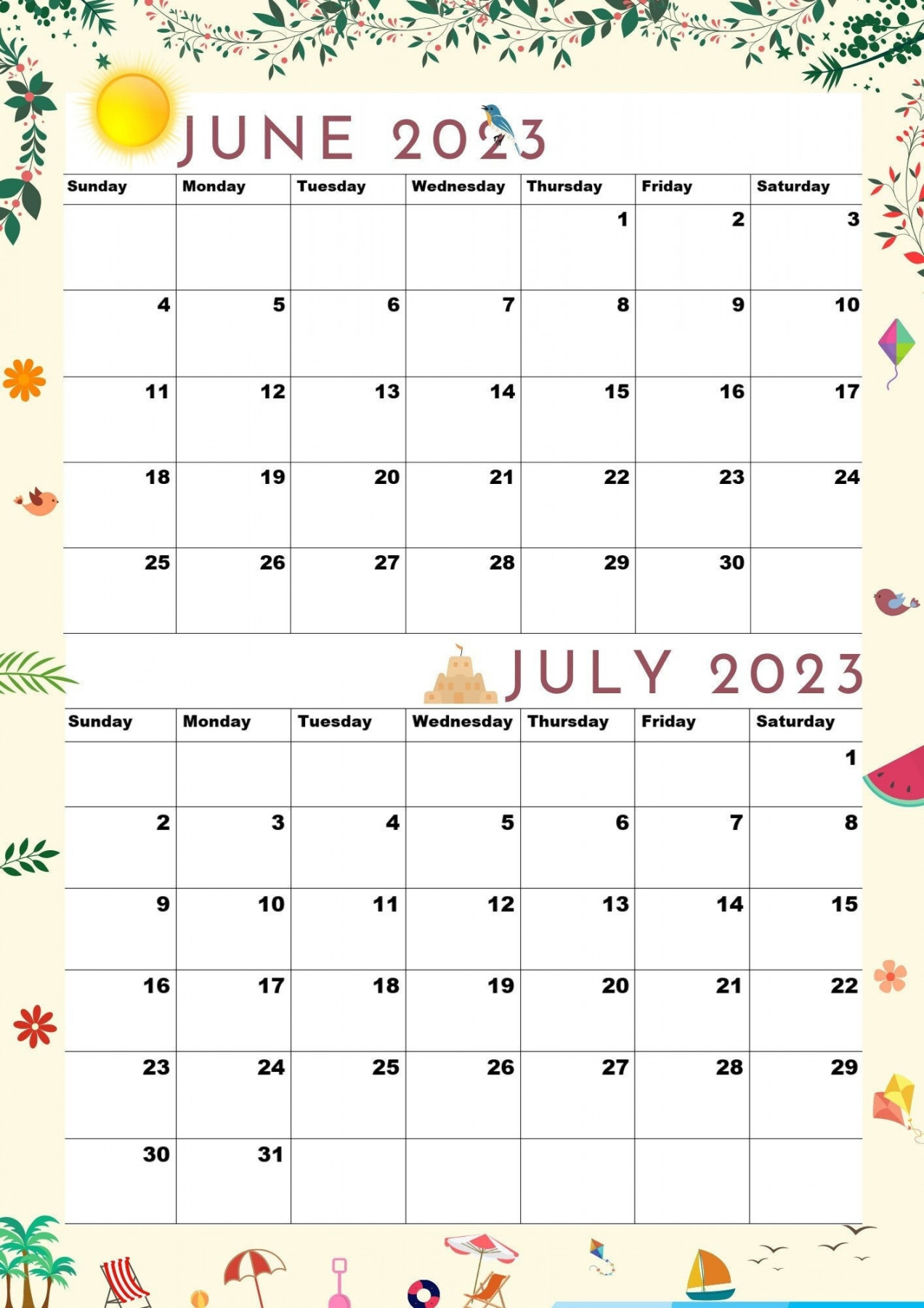June  Calendarjuly  Calendarjune and July A - Etsy