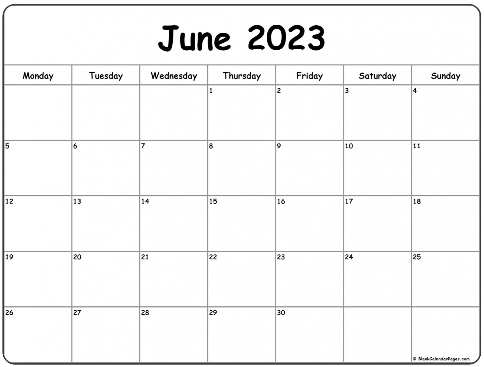 June  Monday Calendar  Monday to Sunday