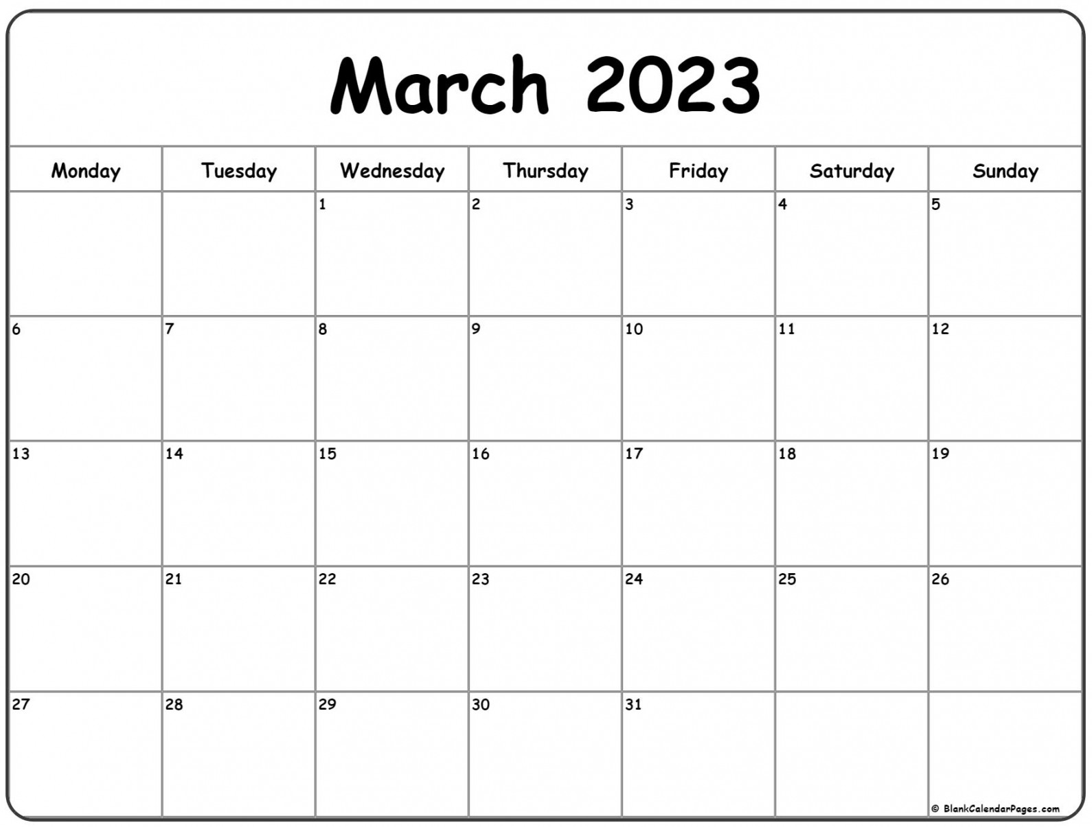 March  Monday Calendar  Monday to Sunday