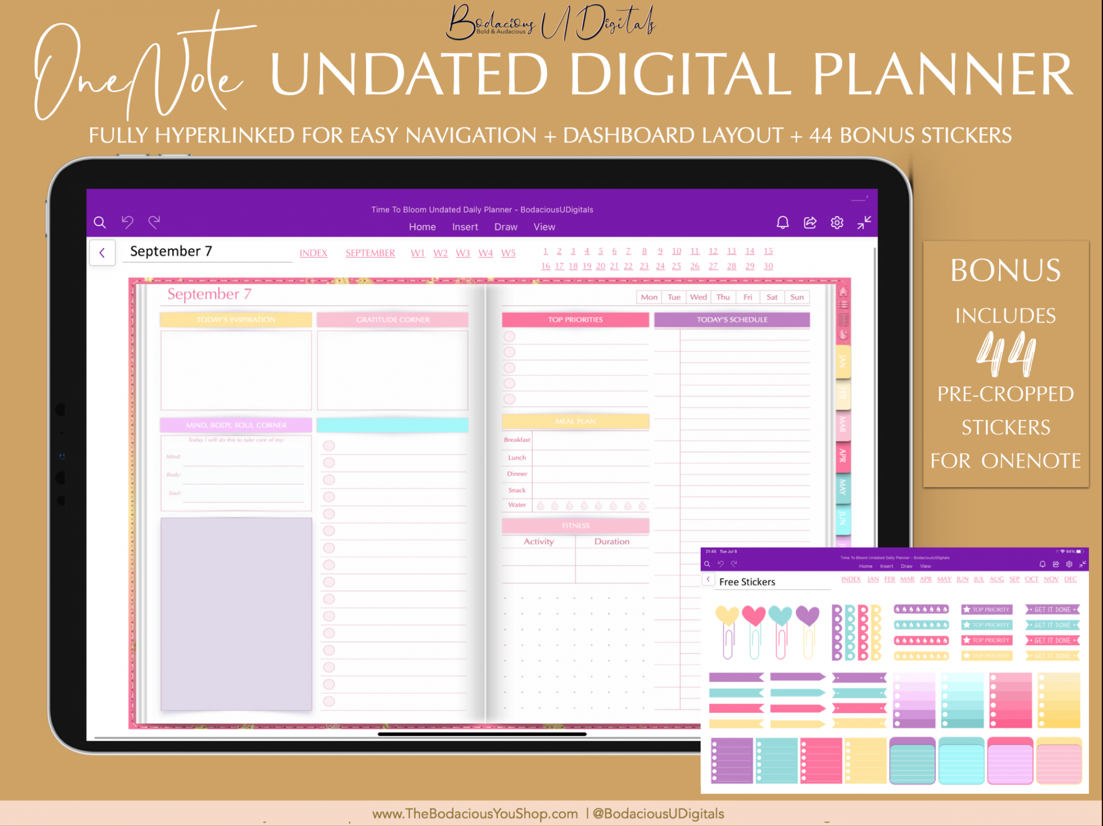 OneNote Dashboard Layout Digital Planner, Hyperlinked Undated OneNote  Planner, With Digital Stickers, Windows, Android, Surface Pro Planner
