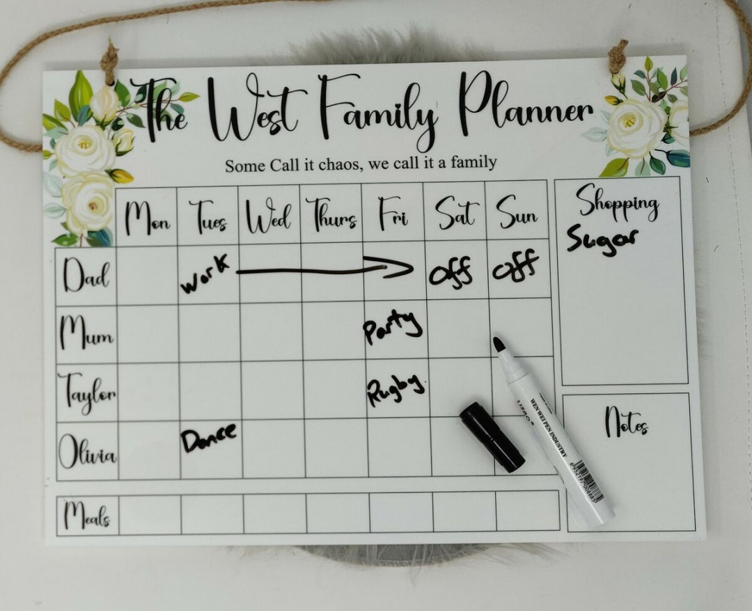 Personalised Family Planner organiser Weekly Wall Calendar  White Board