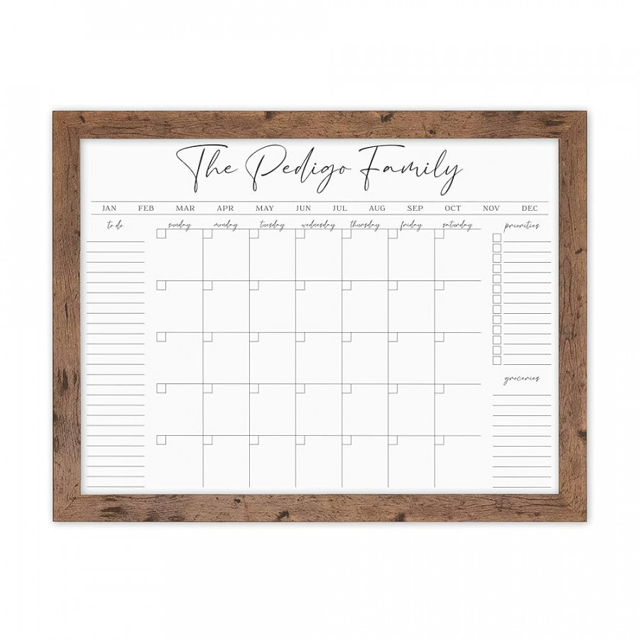 Personalized Dry Erase Wall Calendar with Custom To do list and Notes  Organization Sections  Large Whiteboard Calendar (" W x " H, Walnut  Frame)