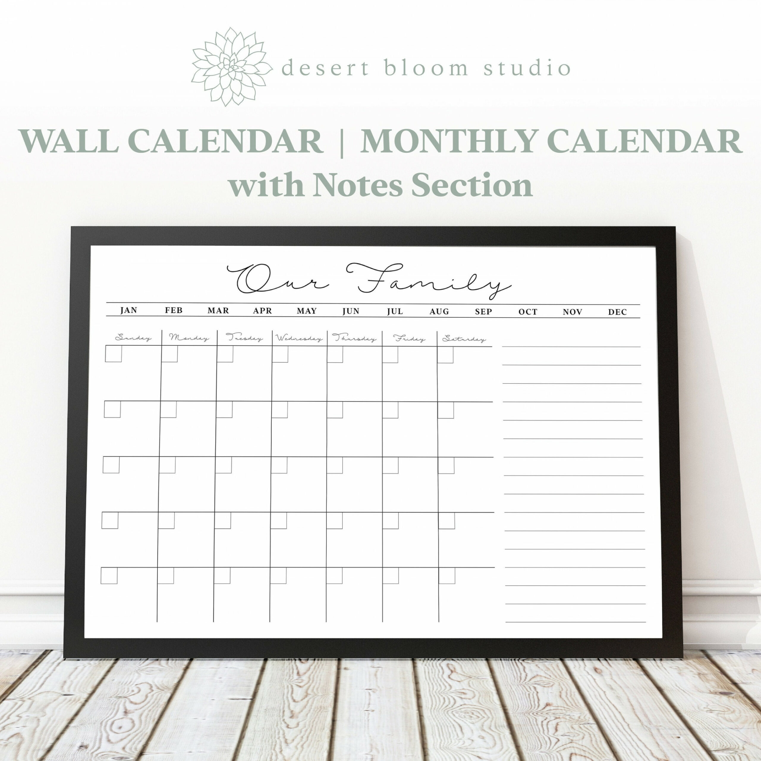 Print at Home Family Calendar  Wall Calendar  Monthly Calendar with Notes  Section  Digital File