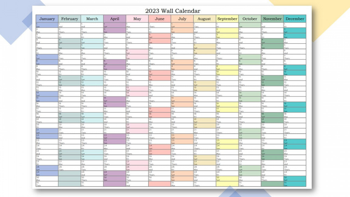 Printable Wall Calendar in Pastel (Landscape) - A Planner
