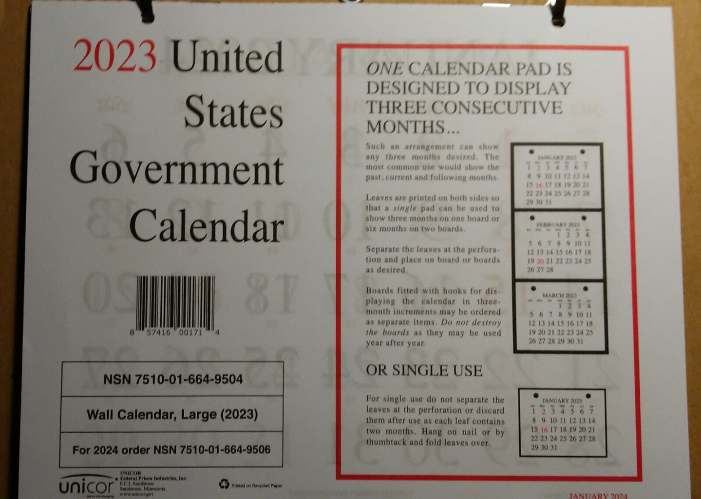 Unicor  United States Government Wall Calendar for sale online