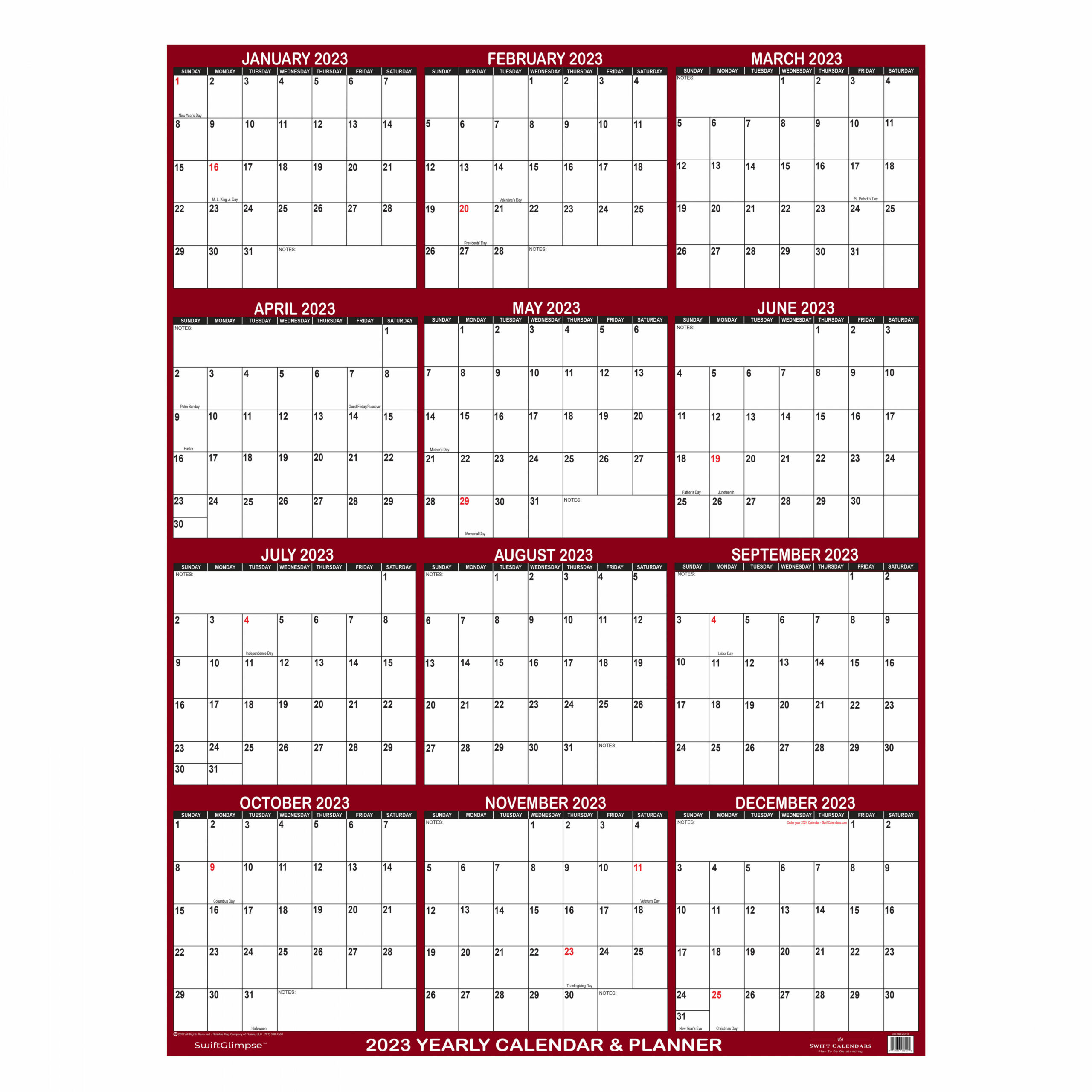 Wall Calendar Extra Large ″ x ″ Reversible SwiftGlimpse Maroon