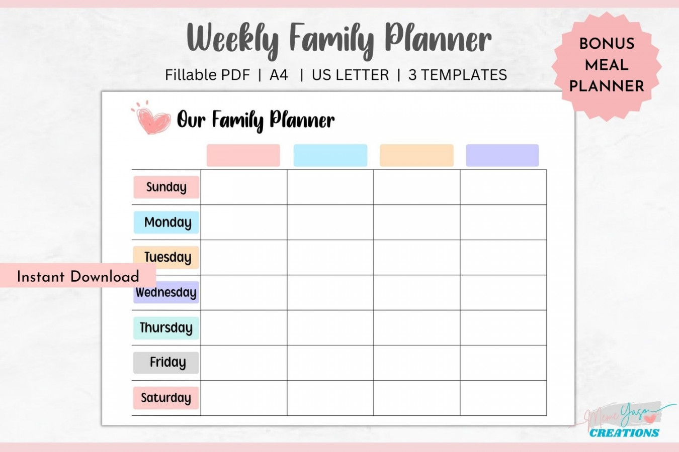 Weekly family planner editable, family calendar, printable.