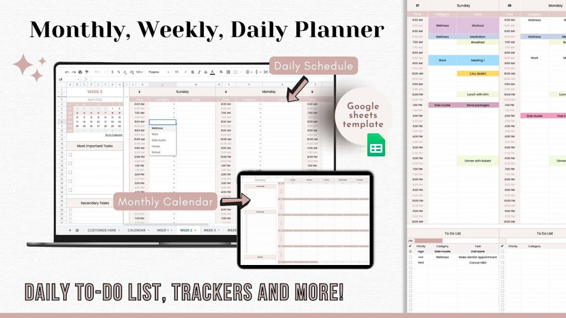 WEEKLY PLANNER Google Sheets Template - Monthly Calendar - Daily Schedule  Spreadsheet