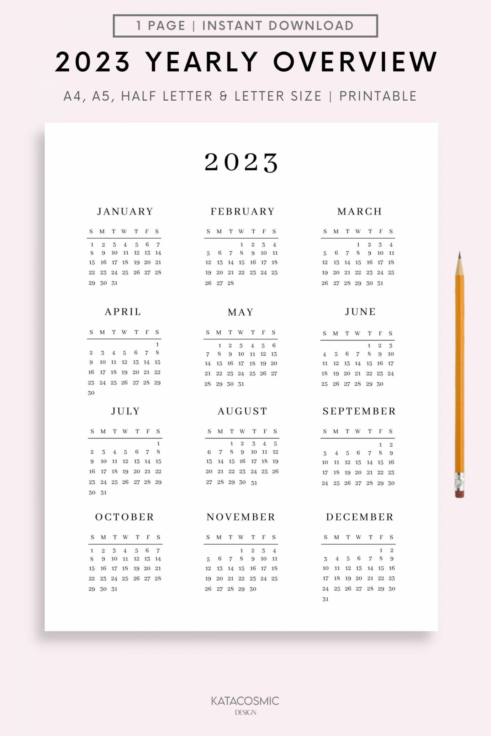 Year Calendar Printable Yearly Wall Calendar Desk - Etsy