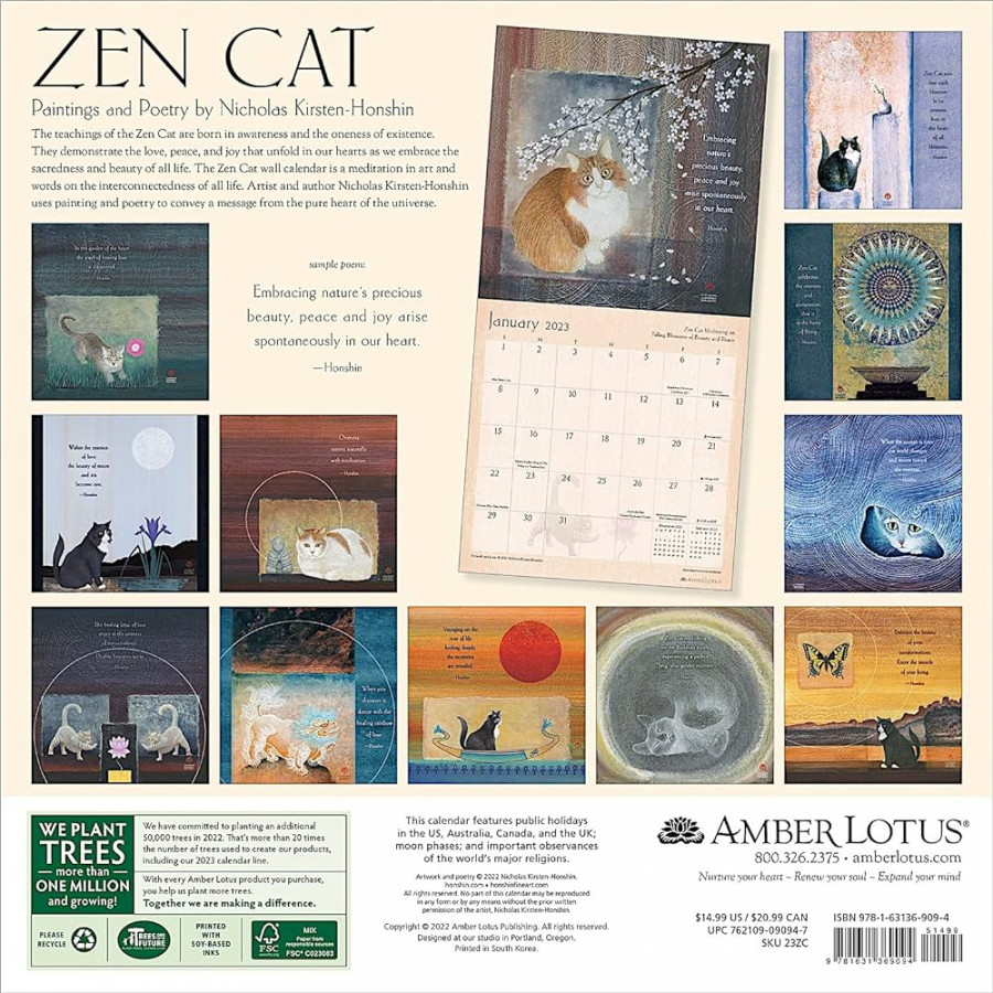 Zen Cat  Wall Calendar  Meditational Art by Nicholas Kirsten-Honshin   " x " Open  Amber Lotus Publishing