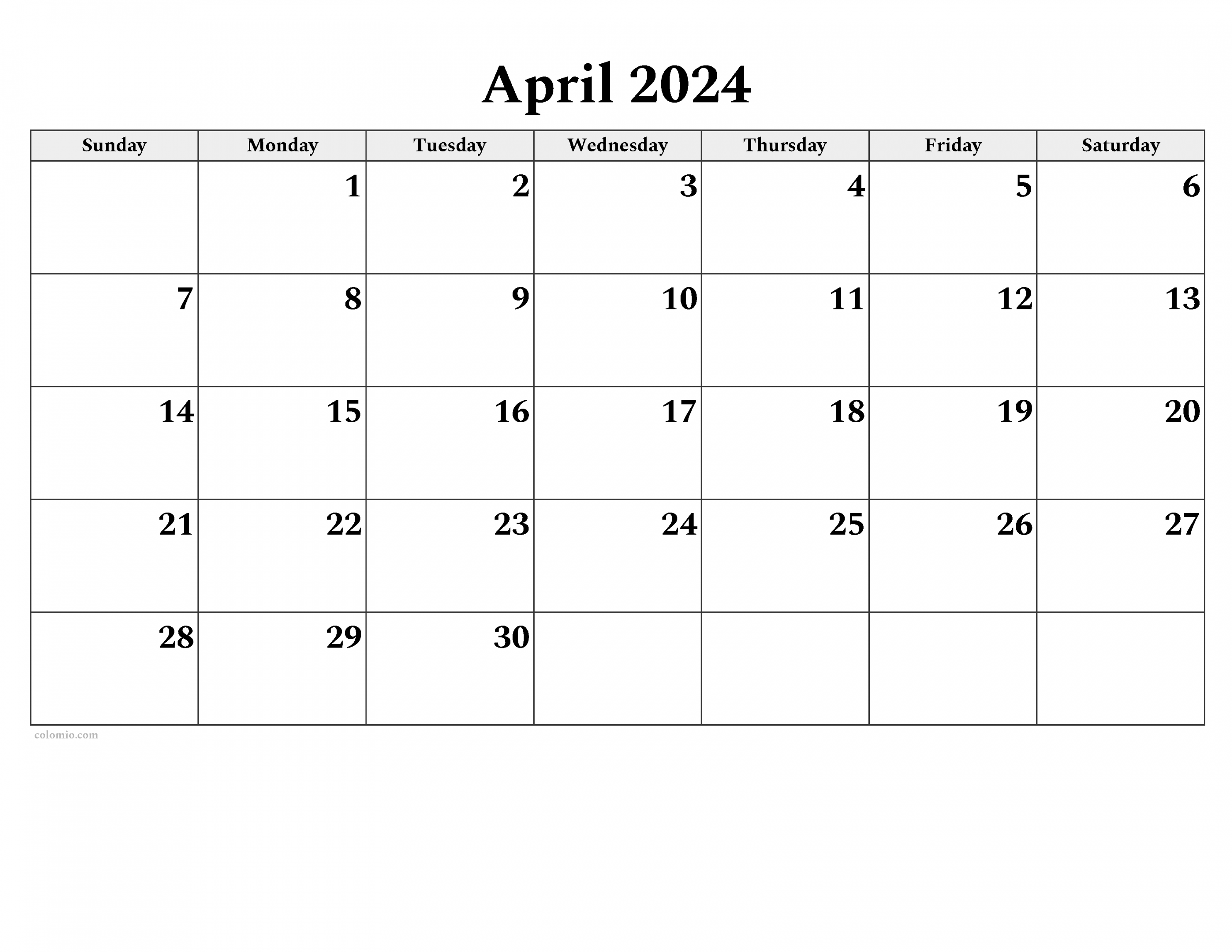 April  Calendar  Free Printable PDF, XLS and PNG
