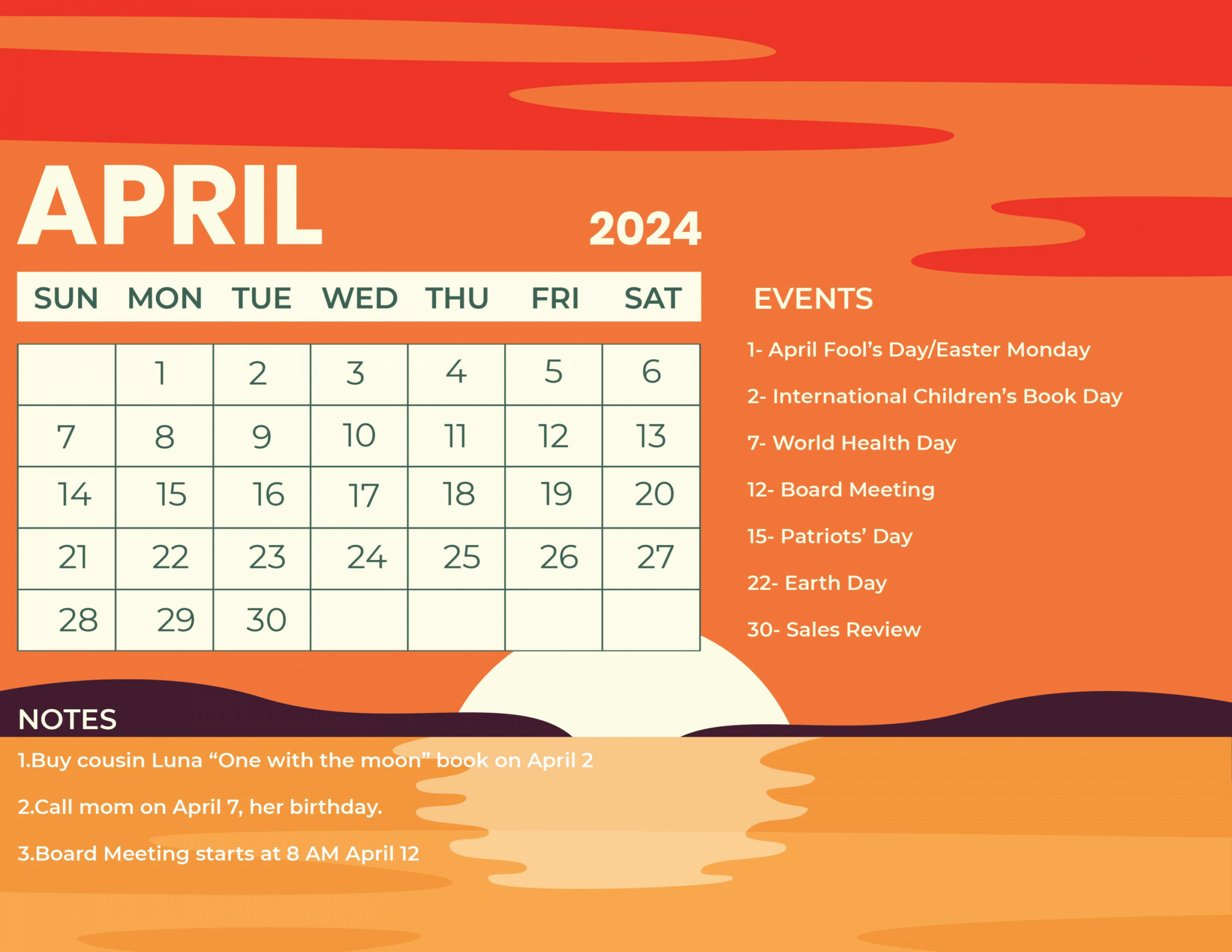 April  Calendar With Holidays - Download in Word, Illustrator