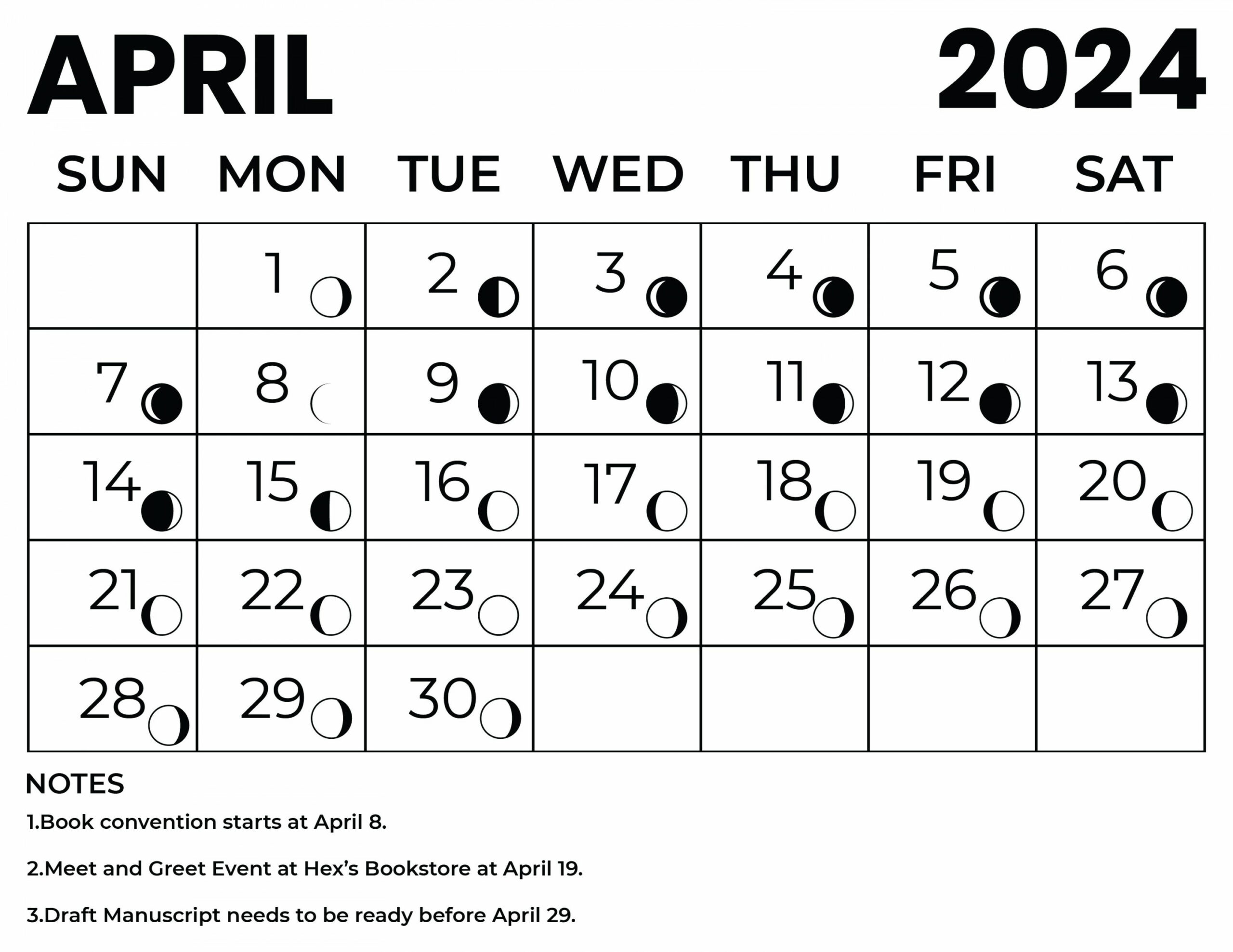 April  Calendar With Moon Phases - Download in Word