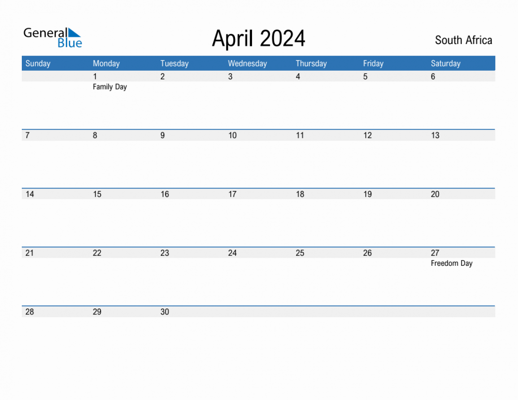 April  Monthly Calendar with South Africa Holidays