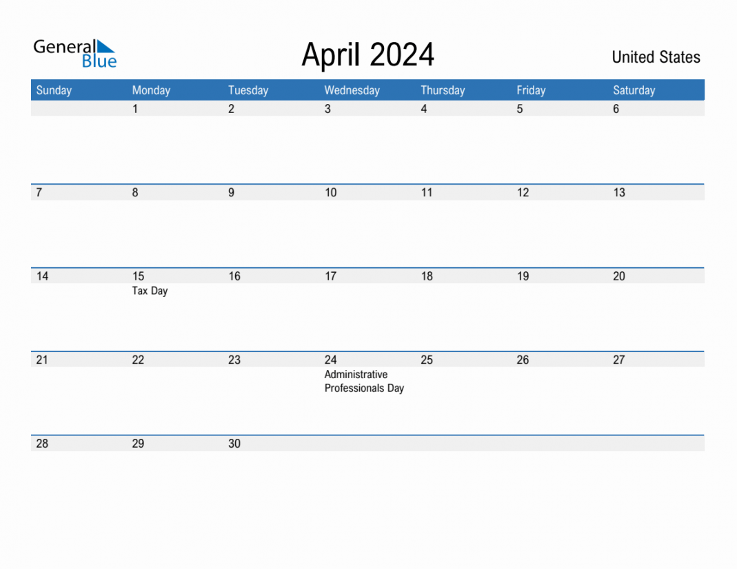 April  Monthly Calendar with United States Holidays
