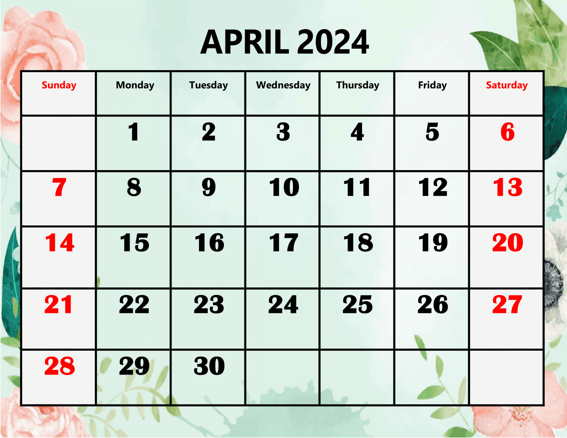 Blank April  Calendar Printable PDF Template With Holidays