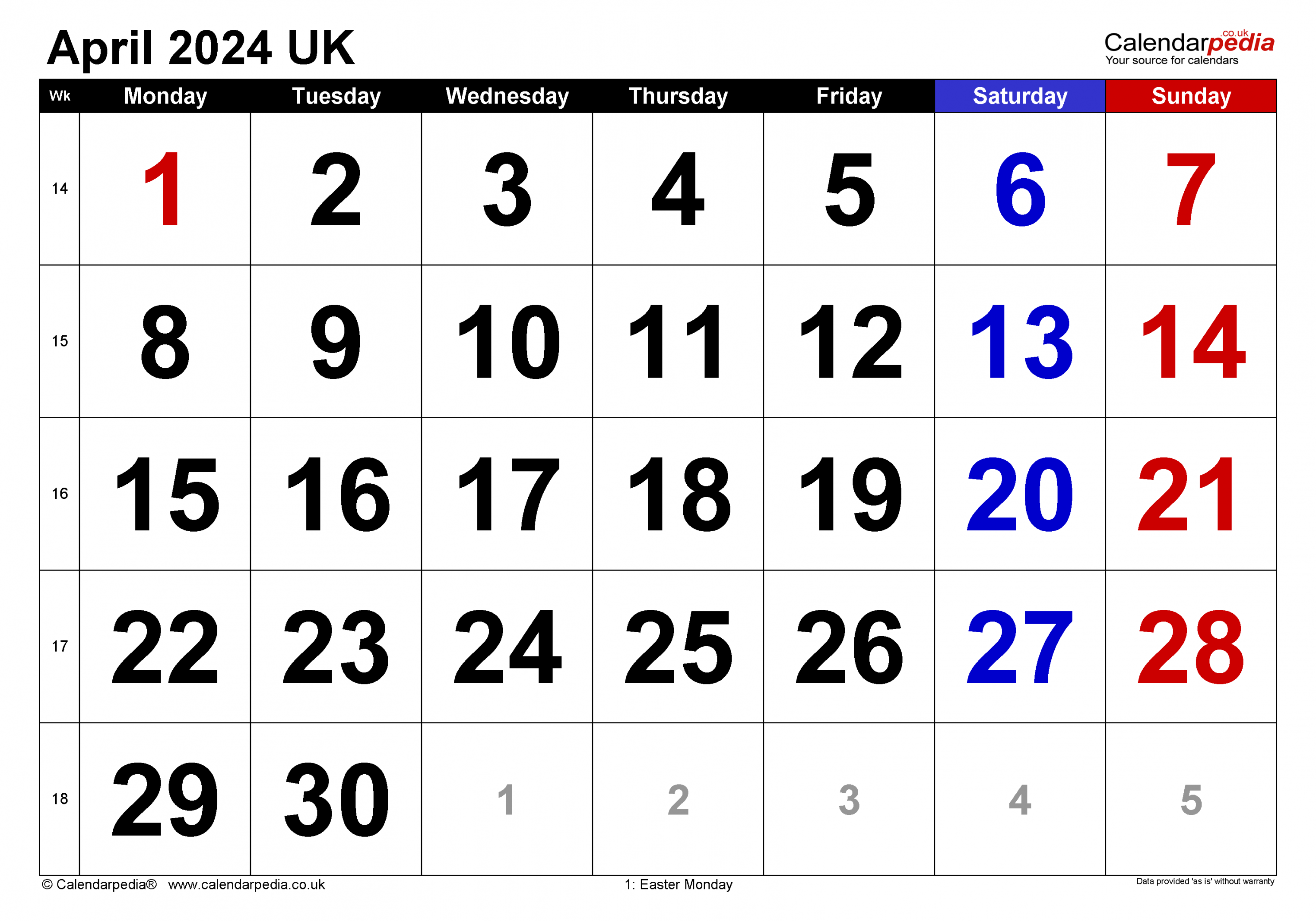 Calendar April  UK with Excel, Word and PDF templates