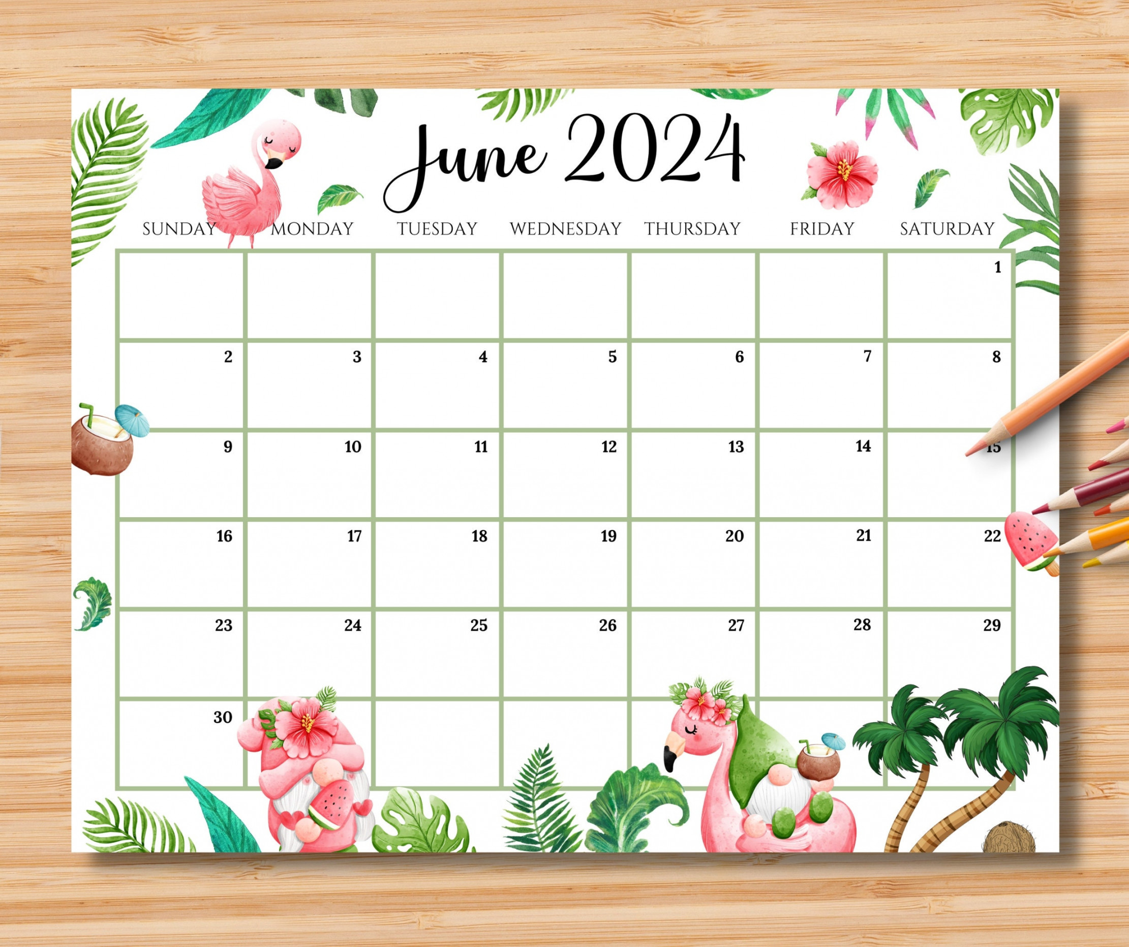 EDITABLE June  Calendar Joyful Summer With Cute Gnomes & - Etsy