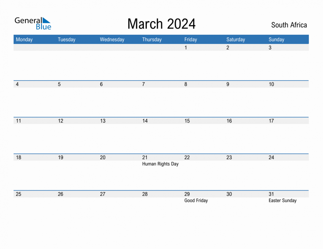 Editable March  Calendar with South Africa Holidays