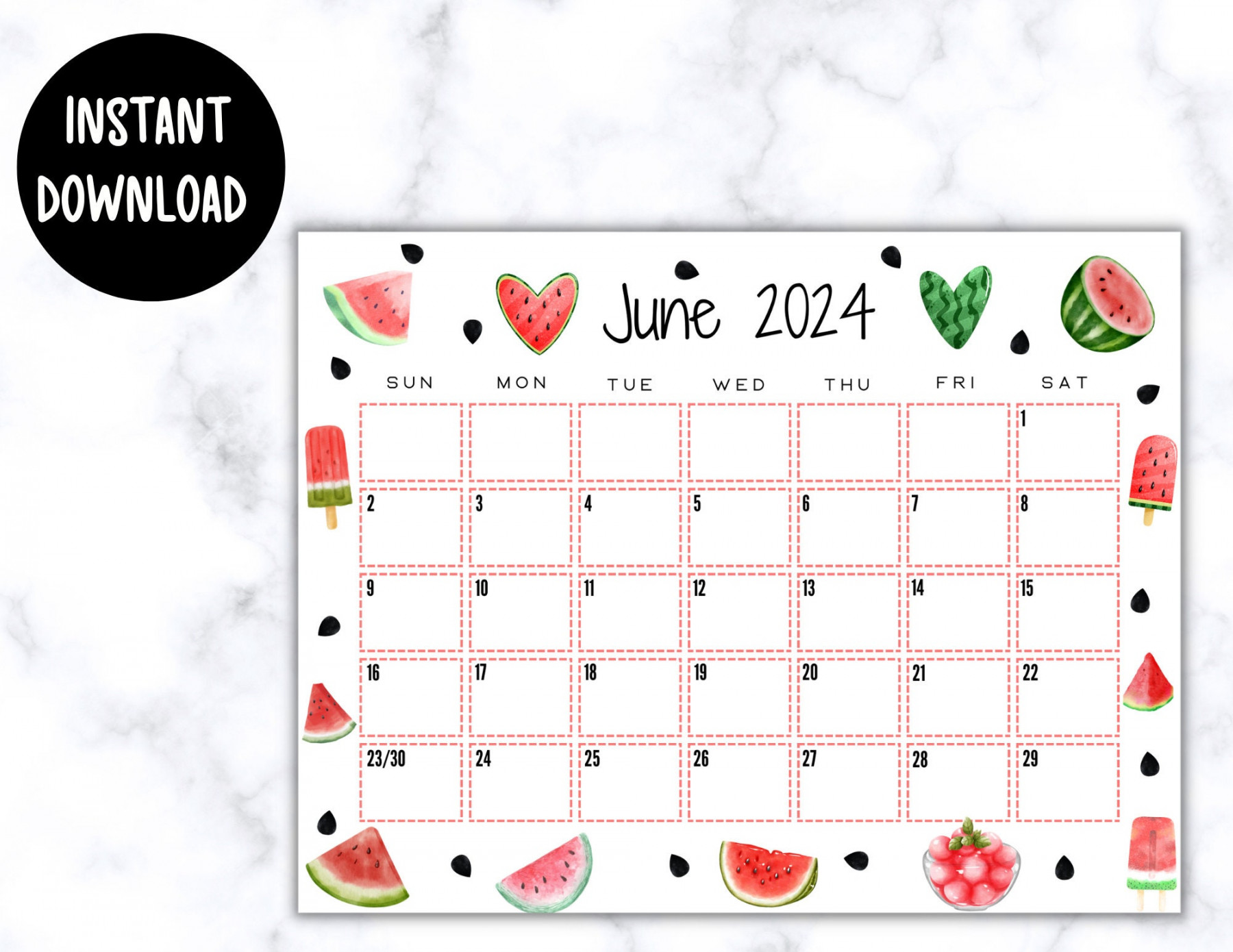 EDITABLE Printable June Calendar  Watermelon Themed - Etsy