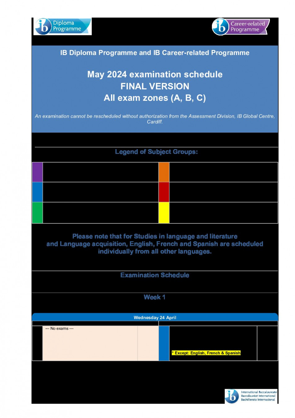 Exam schedule May  - Washington - Liberty