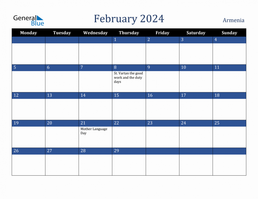 February  Armenia Holiday Calendar