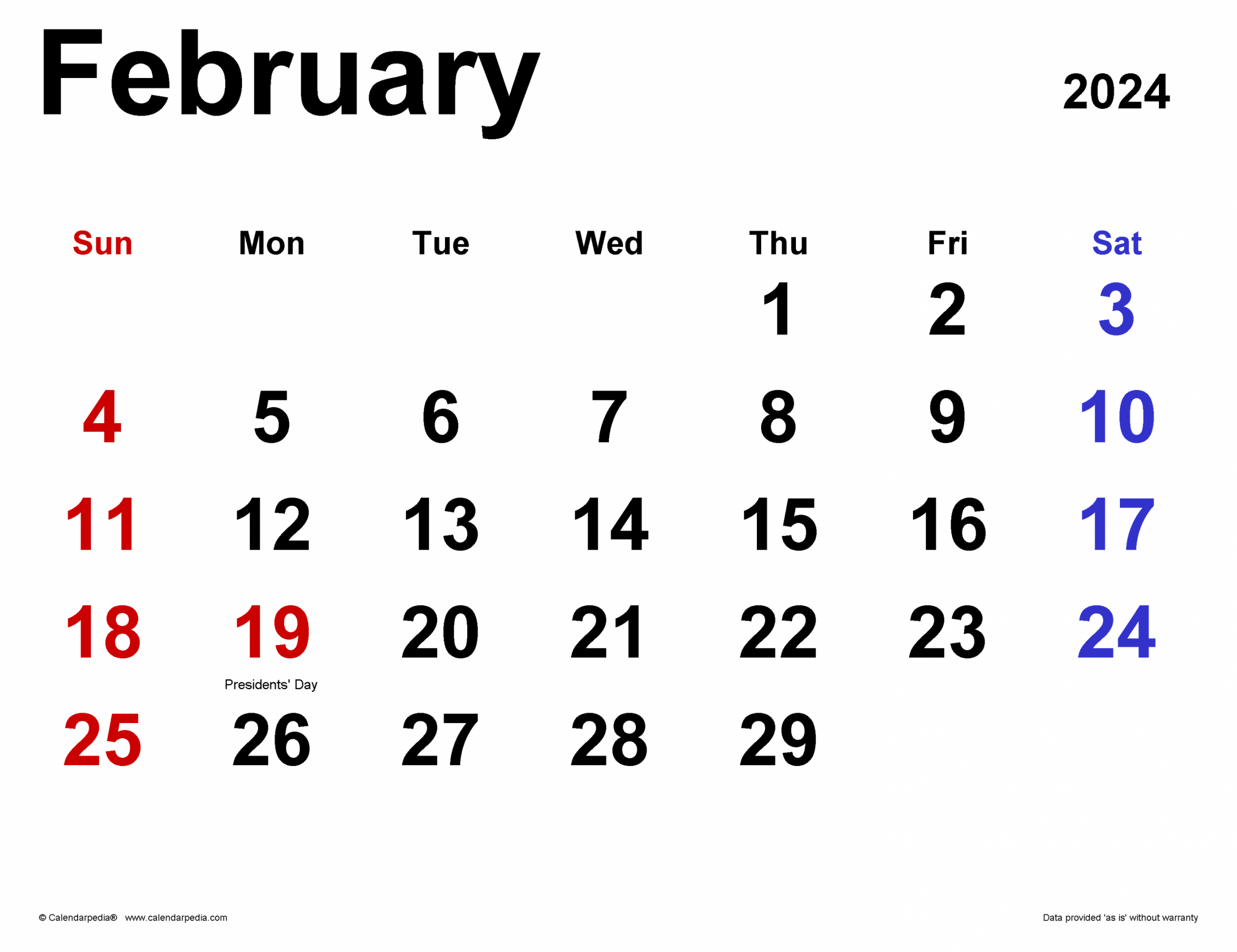 February  Calendar Leap Year in   Printable calendar