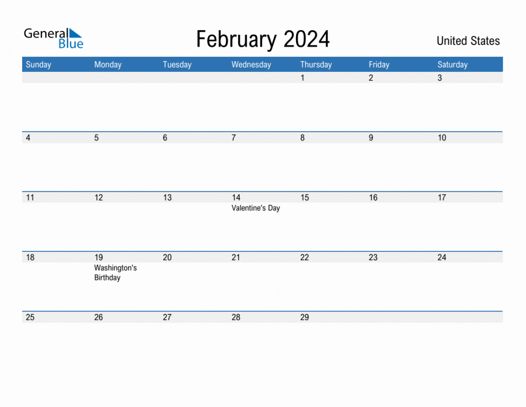 February  Monthly Calendar with United States Holidays