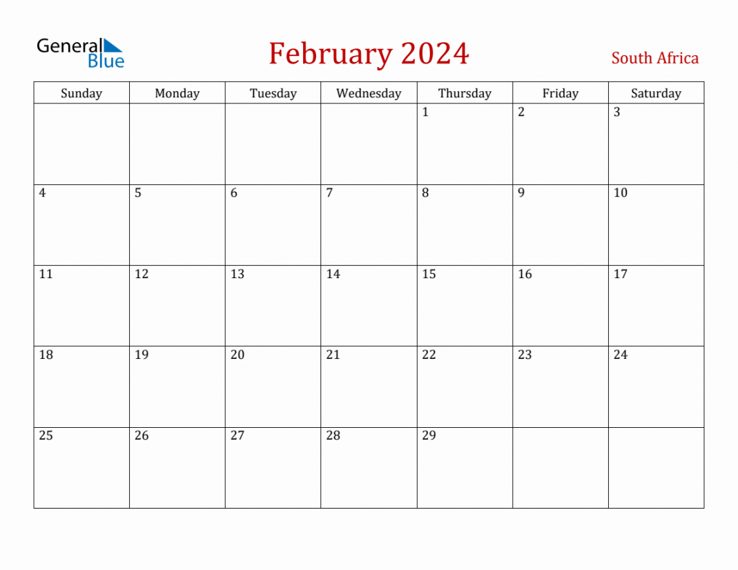 February  South Africa Monthly Calendar with Holidays