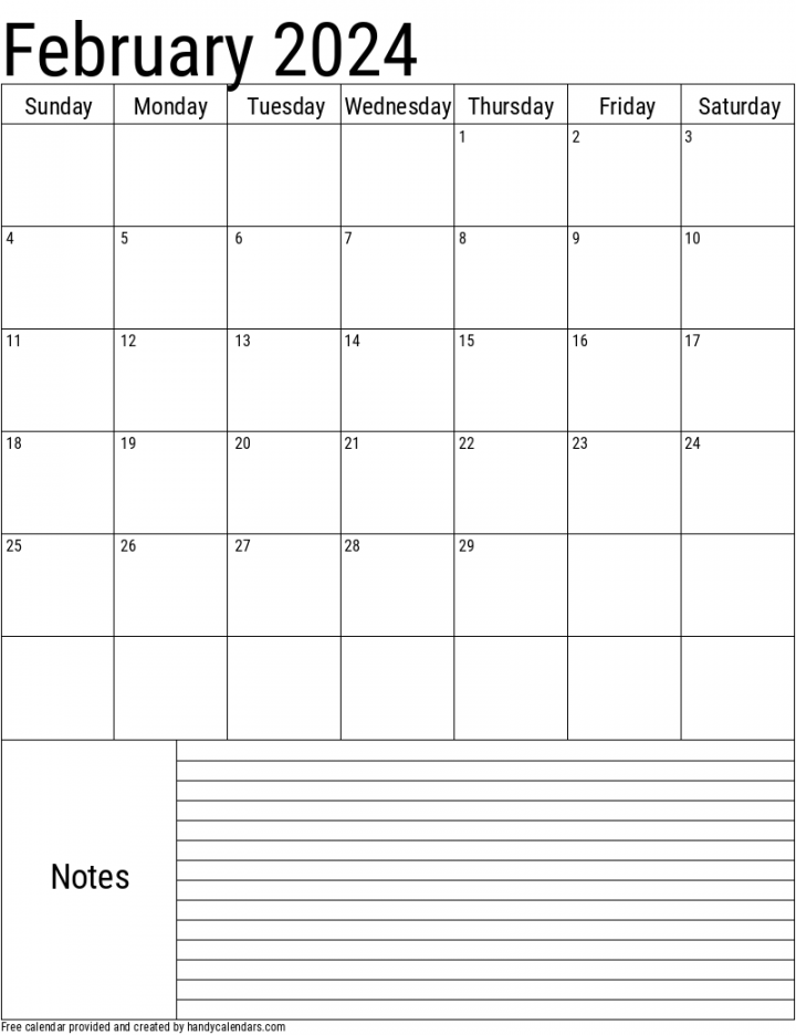February  Vertical Calendar With Notes - Handy Calendars