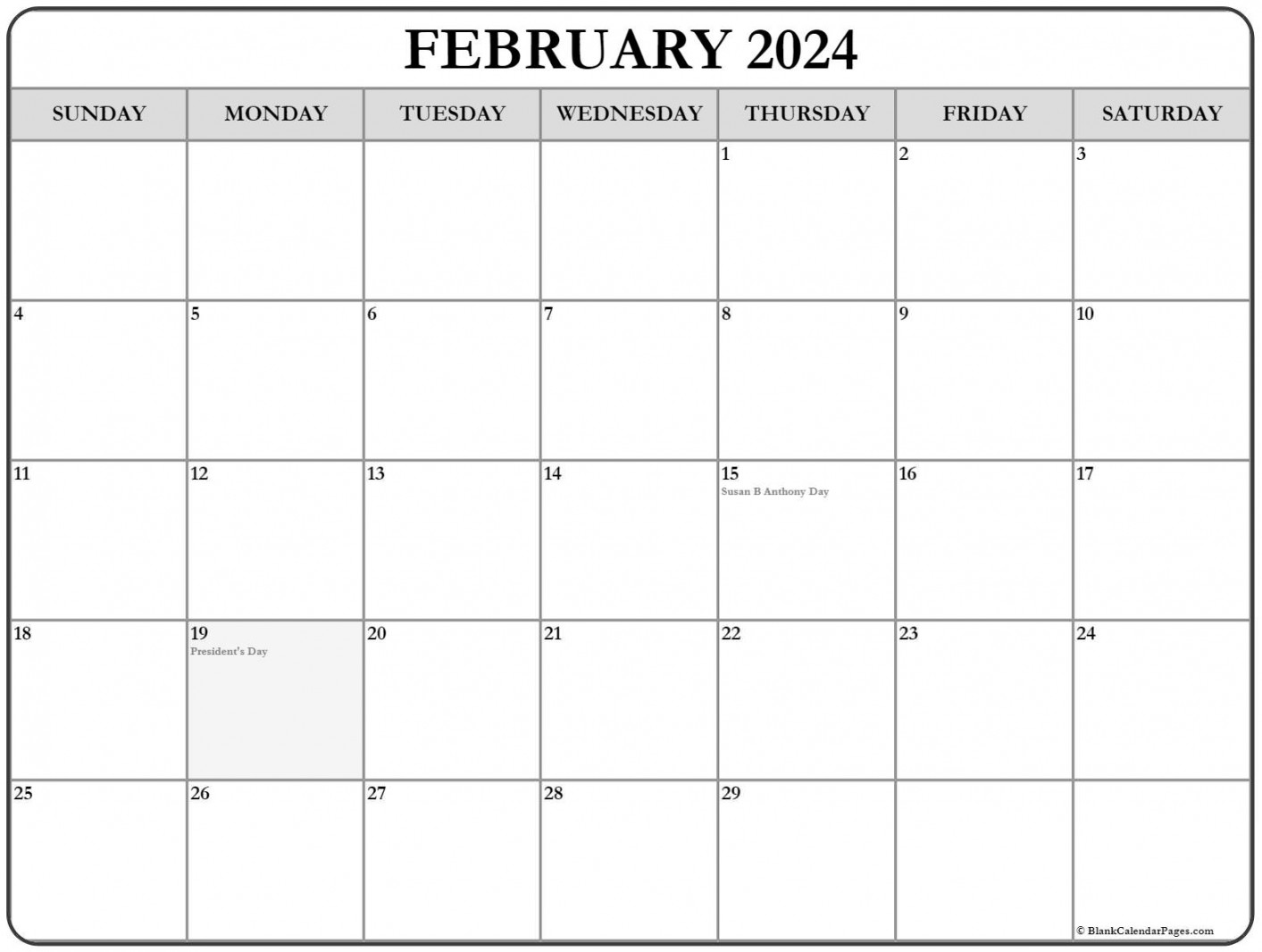 February  with holidays calendar