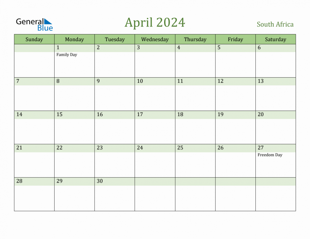 Fillable Holiday Calendar for South Africa - April