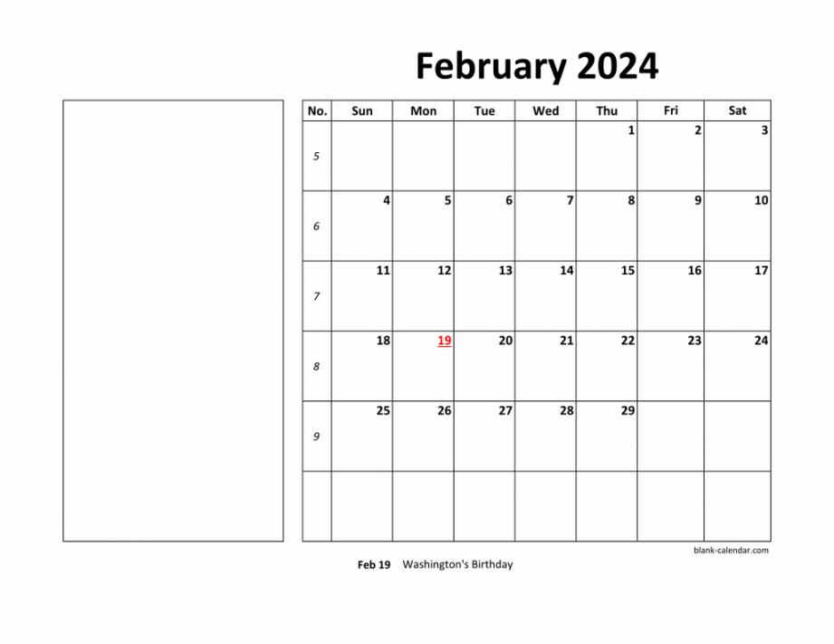 Free Download Printable February  Calendar, large box