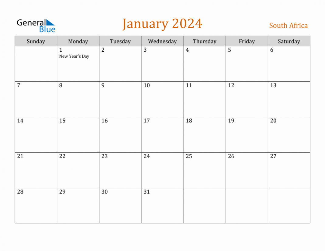 Free January  South Africa Calendar