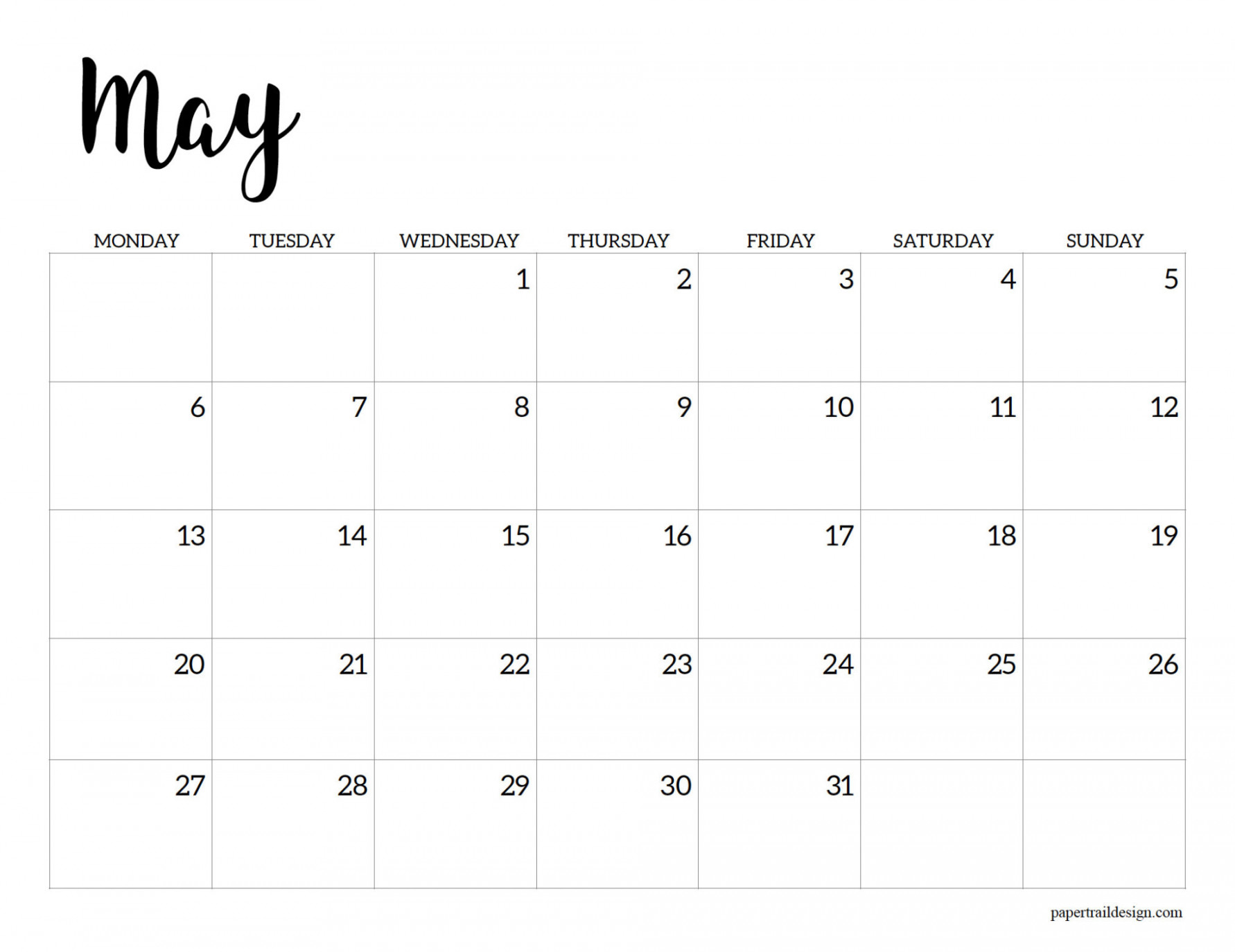 Free Printable  Calendar – Monday Start - Paper Trail Design