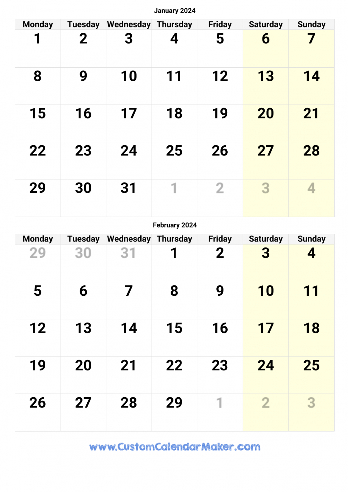 January and February  Printable Calendar Template