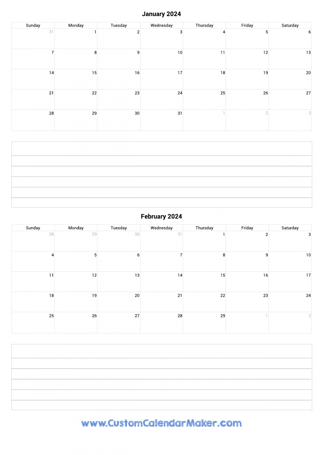 January and February  Printable Calendar Template