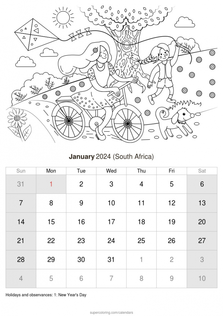 January  calendar - South Africa