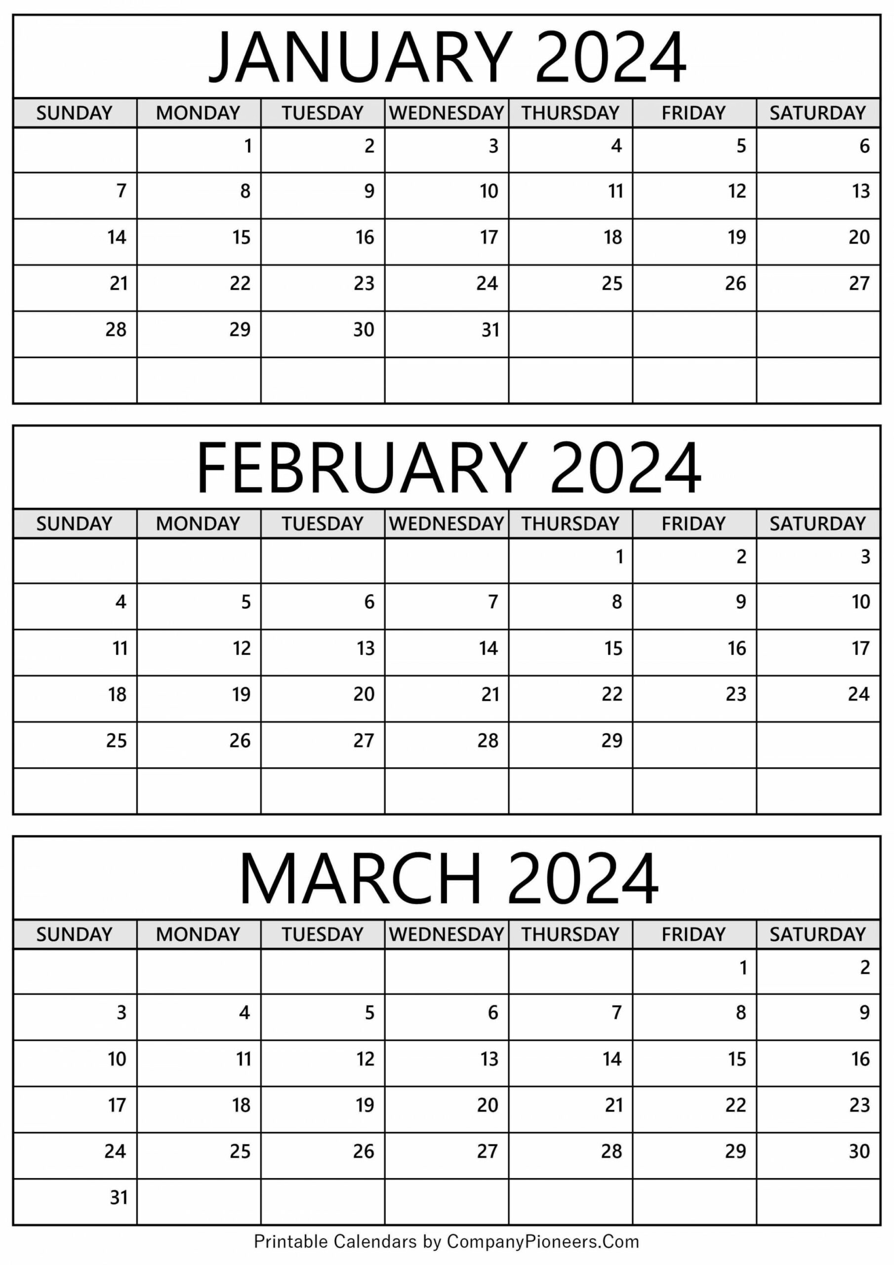 January February March  Calendar Printable - Template