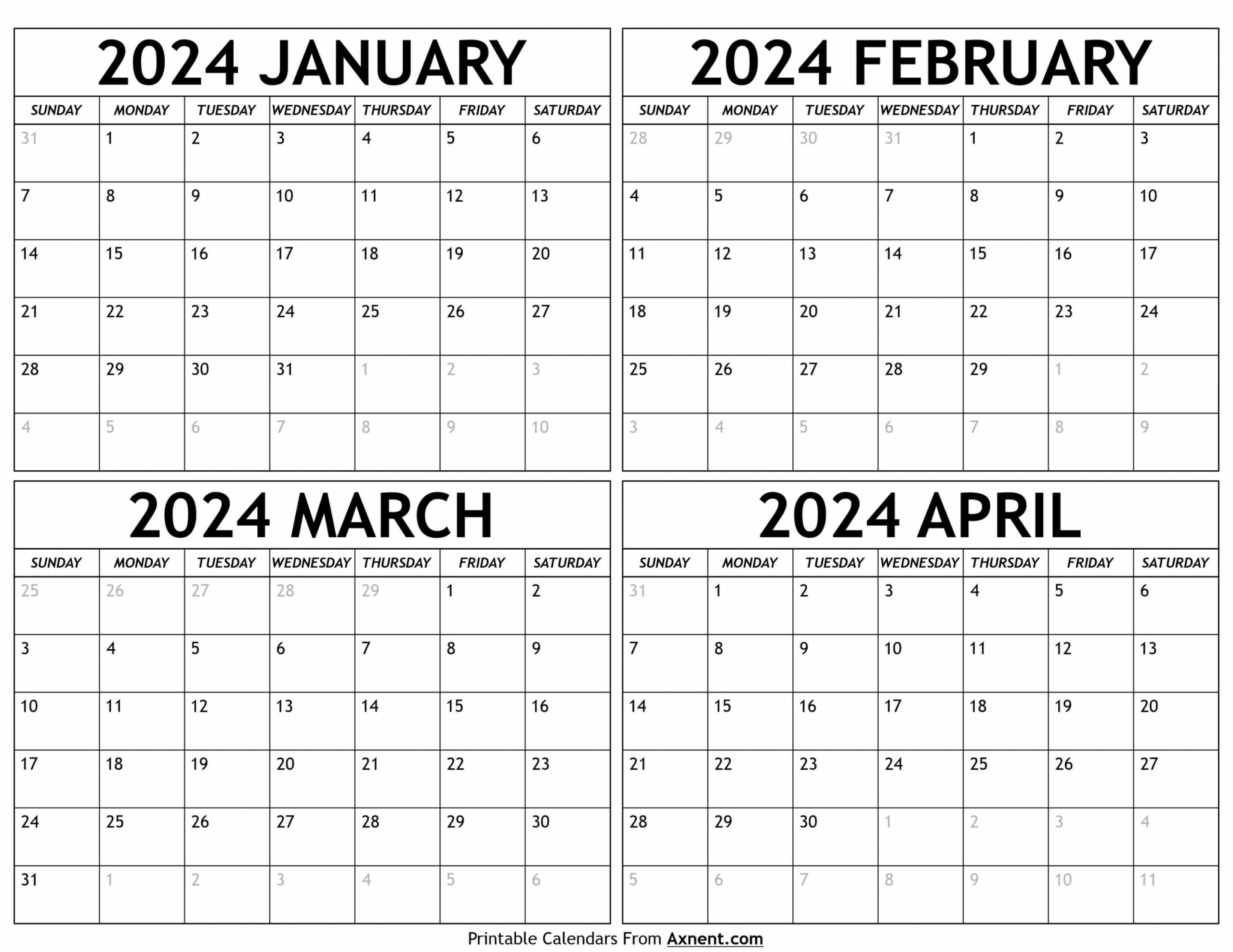 January To April  Calendar Templates - Four Months