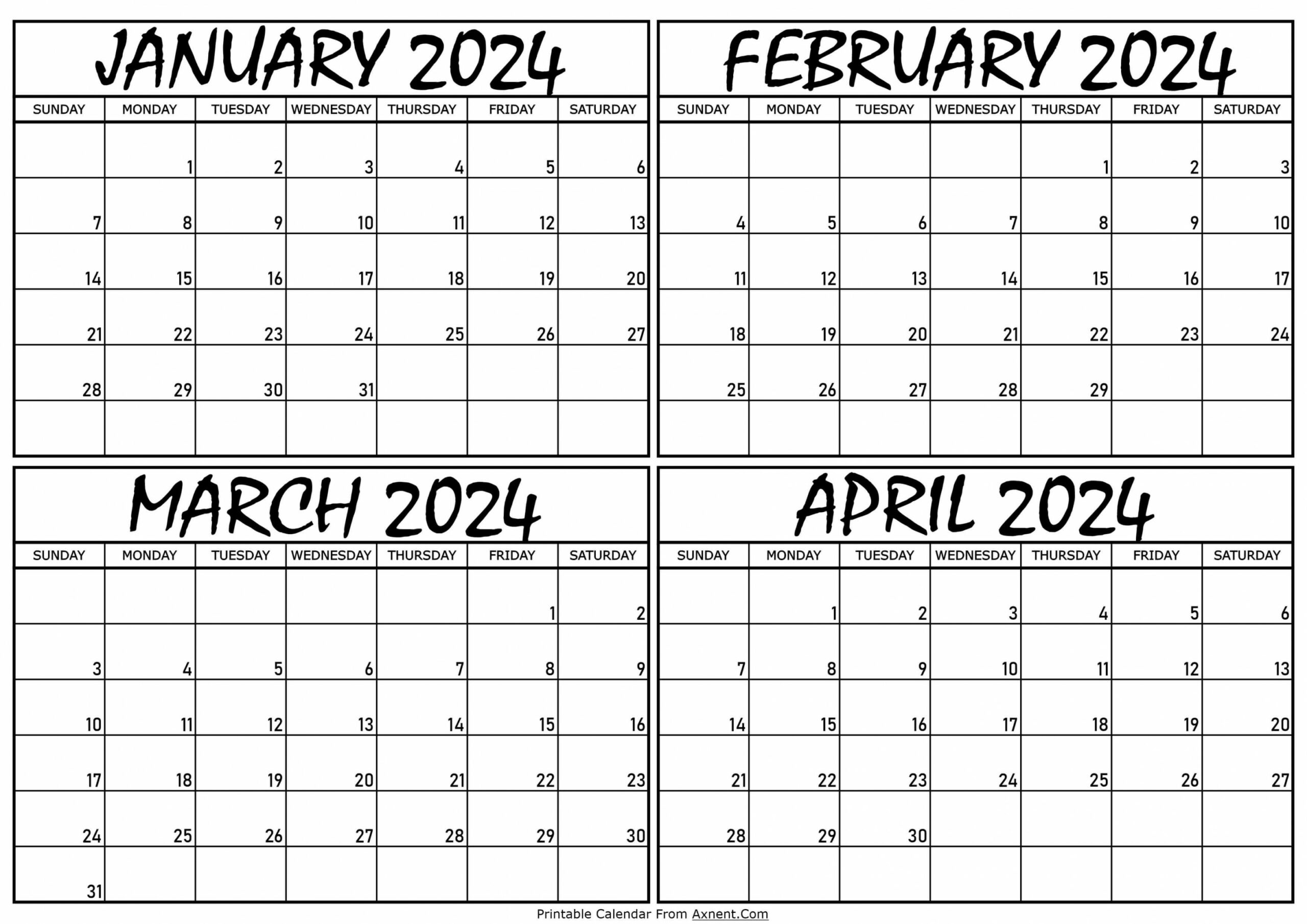 January To April  Calendar Templates - Four Months