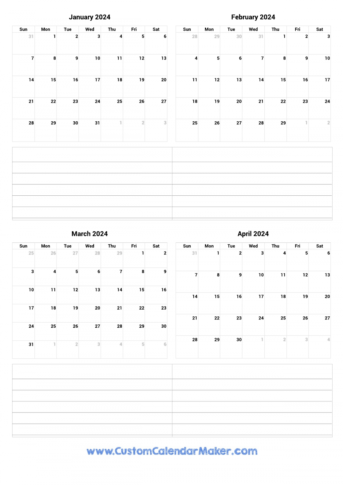 January to April  Printable Calendar