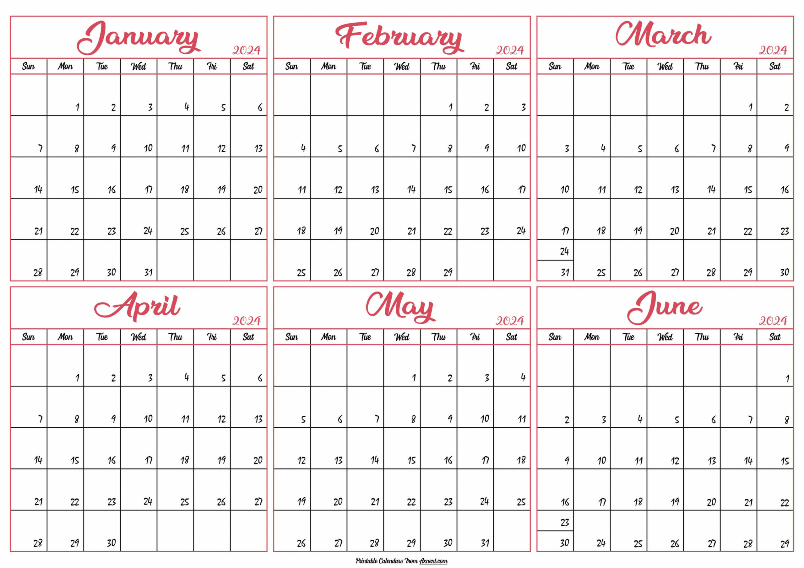 January To June  Calendar Templates - Six Months